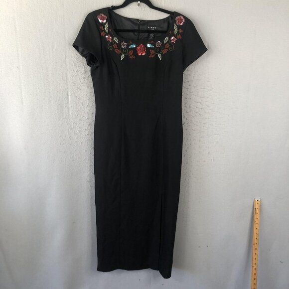 Virgo Petite Dress Womens Size 10 Black Floral Embroidered Beaded Maxi Formal - Picture 1 of 13